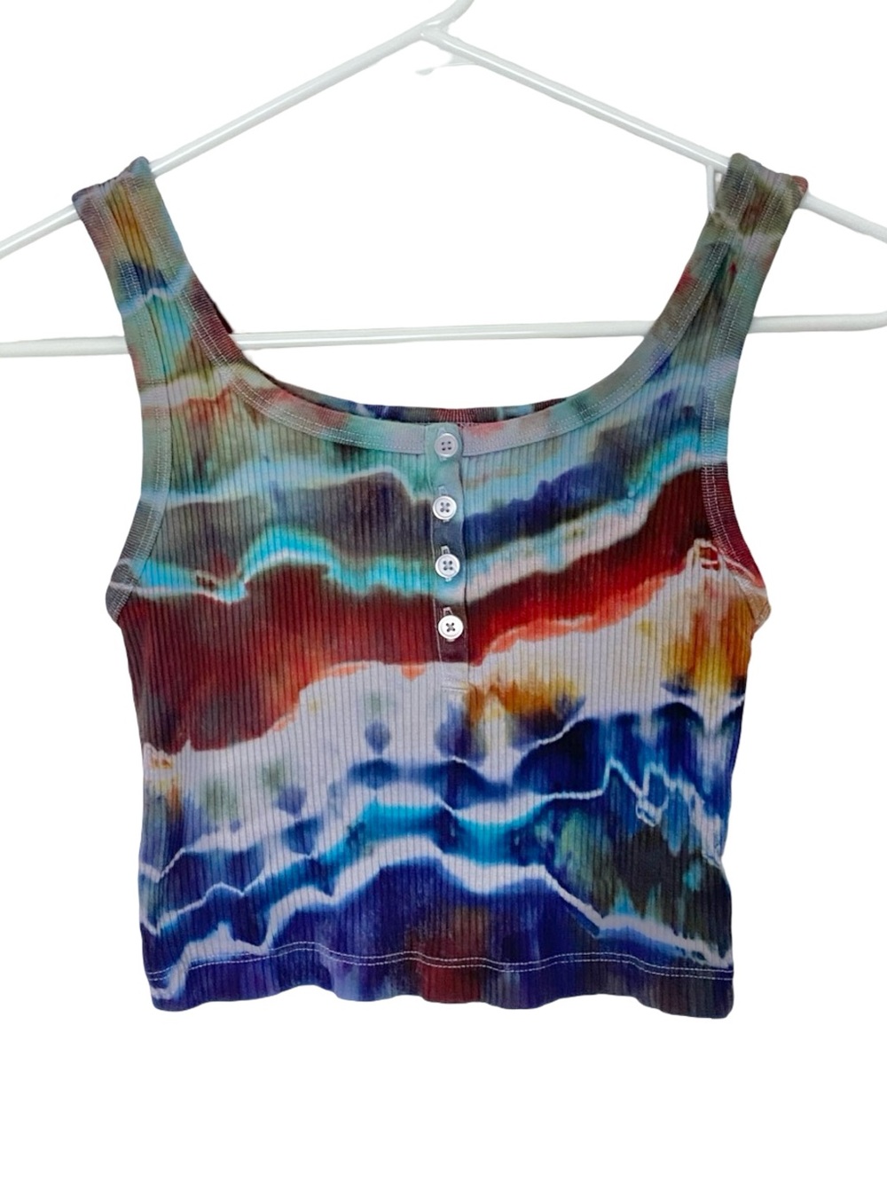 Custom Henley Tie Dye Crop Tank Top Womens Size XS Handmade Upcycled Geode Ice
